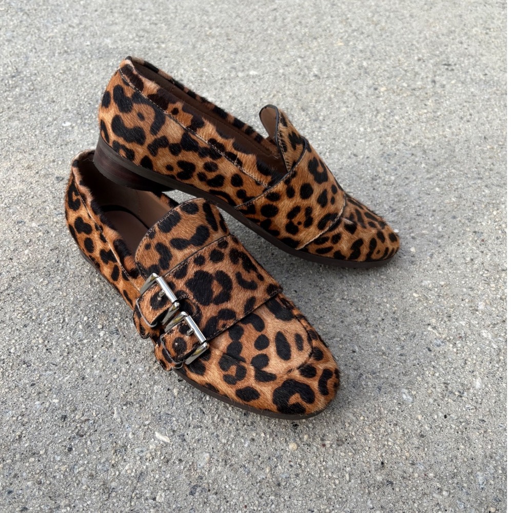 Aerosoles Gabbie Leopard Print Calf Hair Double Monk Strap Loafers Womens 7.5M